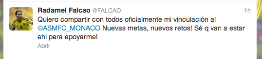 Tweet del fichaje de Falcao por el Mónaco.